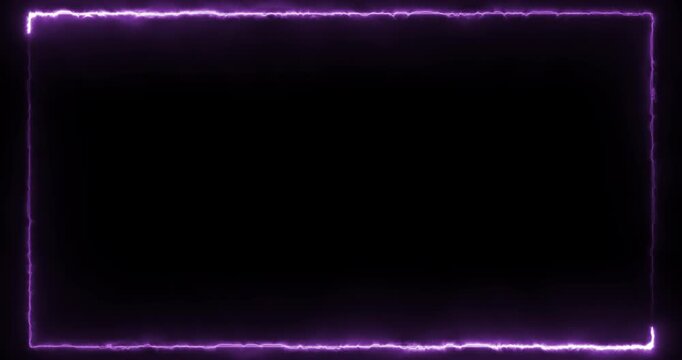 Purple Electric Energy Frame Animation on Black Background &ndash; Glowing Plasma Border Overlay, Futuristic Lightning Rectangle, Seamless Loop 4K.