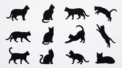 Fototapeta premium Set of black cat silhouettes in various poses including sitting walking jumping and stretching showing different feline body movements for creative design projects and pet graphics