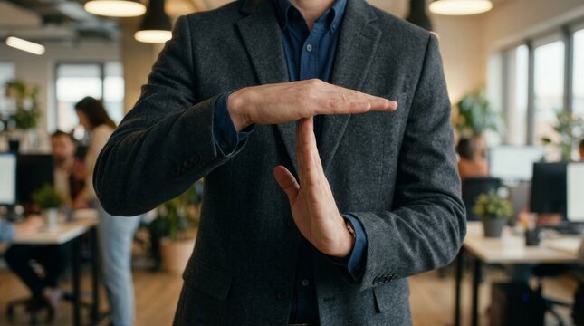 Professional Businessman Making A Time Out Gesture In A Busy Modern Office Environment.
