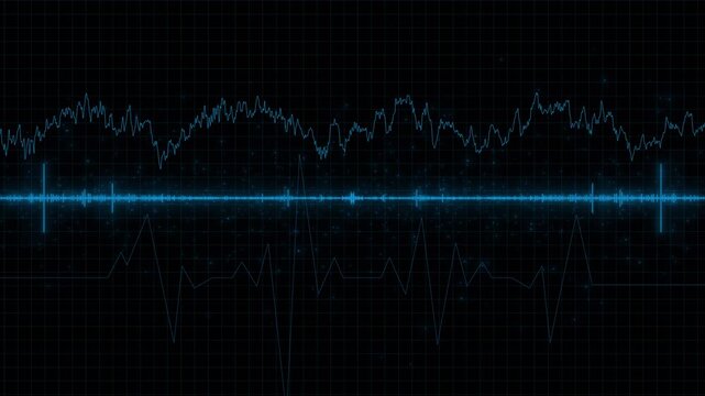 Digital sound spectrum visual cyan waveform lines, dark grid screen, upper signal graph, glowing audio energy. music intros, voice recording clips, podcast promos, audio analysis, motion graphics.