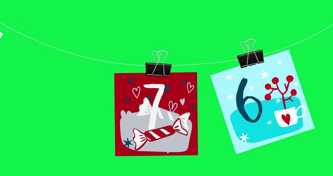 Advent calendar on green. Animated advent calendar pages numbered 1 to 25 and hand-drawn winter illustrations hang on binders on rope, moving left to right. Christmas 4K graphic animation countdown