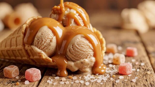 Delicious ice cream cone with caramel sauce and candies on wooden table.