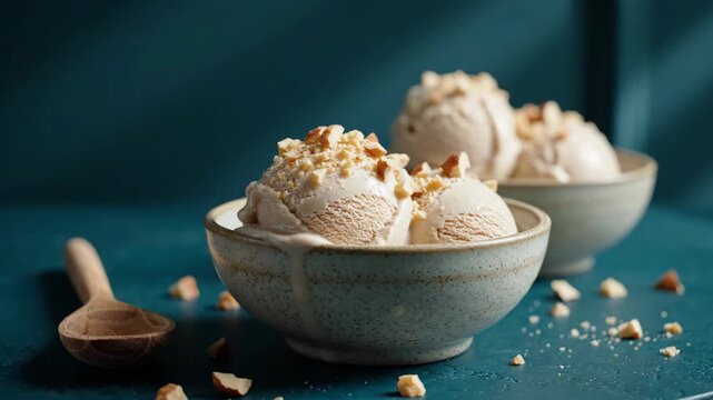 Delicious ice cream in bowls with nuts and wooden spoon.