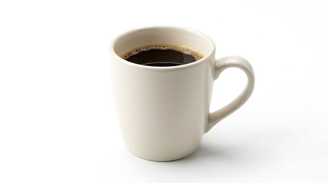 Tall white ceramic mug filled with fresh black coffee, isolated on a white background with soft shadow and generous copy space.