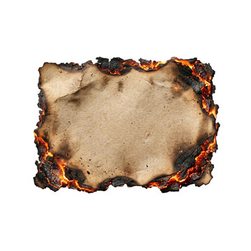 Burning paper sheet with fire edges. Scorched parchment frame isolated on transparent background.