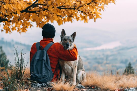 Man and dog enjoy autumn hiking in nature with mountain views and loyal friendship
