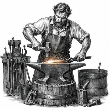 Blacksmith forging hot metal on anvil engraving sketch traditional metalworking craftsman illustration artwork