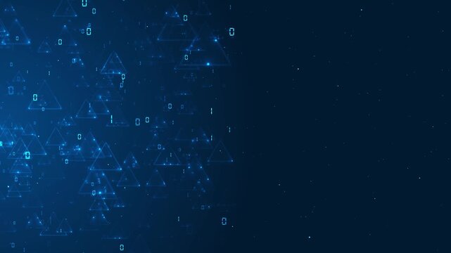 Geometric binary network visual triangle outlines, floating digital digits, small light particles, open dark space. blockchain style clips, cyber intros, software promos, data science motion graphics.