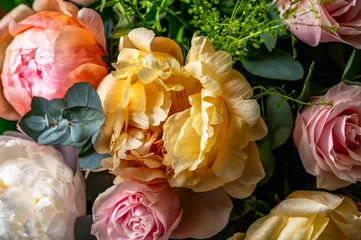 Macro shot of fresh bunch of peonies bouquet of different colors. Card Concept, gentle abstract floral background image, close up, shallow DoF © manuta