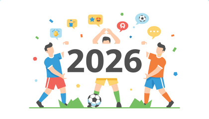 Fototapeta premium Three soccer players celebrate the year 2026 with confetti and sport icons in a vibrant and festive flat vector graphic design.