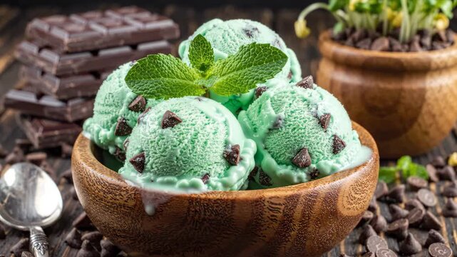 Delicious Mint Chocolate Chip Ice Cream in Wooden Bowl with Dark Chocolate Stack.
