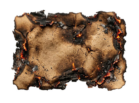 Burnt paper sheet with glowing embers. Scorched parchment texture isolated on transparent background.