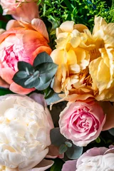 Macro shot of fresh bunch of peonies bouquet of different colors. Card Concept, gentle abstract floral background image, close up, shallow DoF © manuta