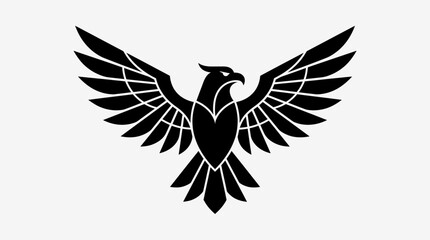 Fototapeta premium Stylized Black Eagle Silhouette with Open Wings on White Background, Majestic Bird of Prey Emblem