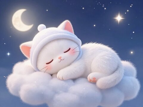 Cute white kitten wearing a sleeping cap sleeping on a soft cloud in space with stars and crescent moon, magical dream cat generative AI