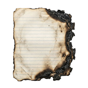 Burnt lined paper sheet. Vintage scorched parchment with charred edges isolated on transparent.