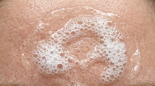 Macro shot of white bubbling foam cleanser exfoliating textured human skin.