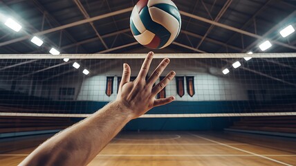 The volleyball player's hand in the covered gym fights the ball in front of the net,