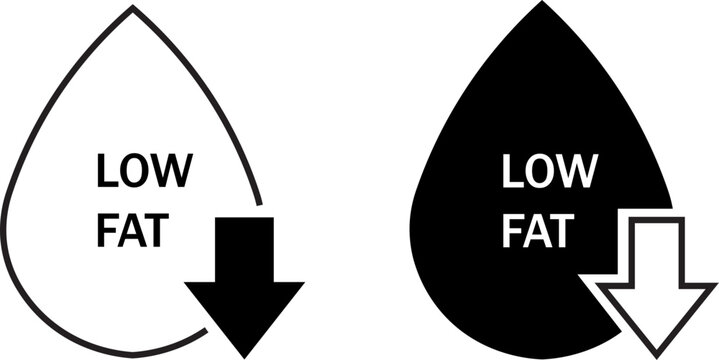 Low Fat Food Label Icons with Down Arrow Symbol Set. Minimalist Black and White Vector Graphic for Healthy Eating, Weight Loss, and Nutritional Product Packaging