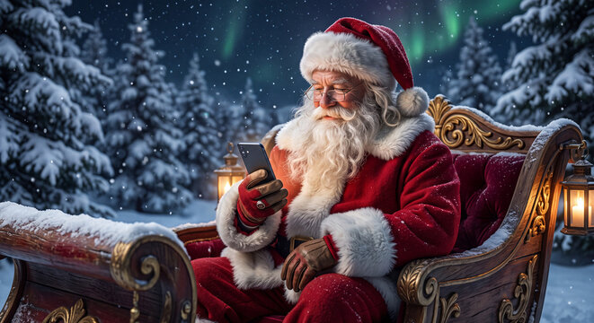 Der Weihnachtsmann in seinem Schlitten und schaut auf sein Smartphone in seiner Hand, Navigation mit dem Handy an Weihnachten