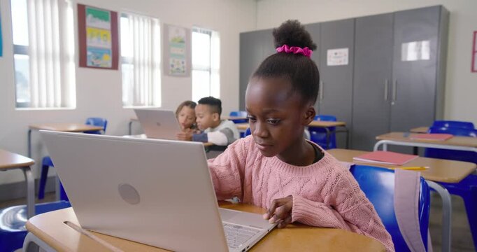 Female child in pink sweater doing classwork on white laptop, camera pulling back revealing peers