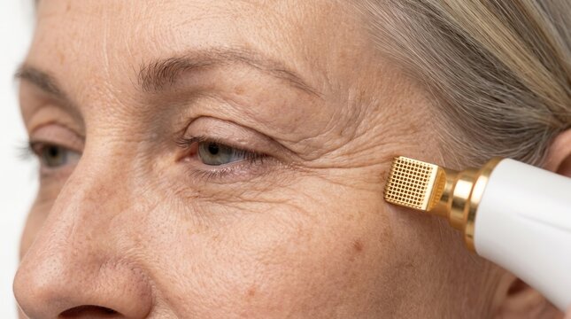 Close up of mature woman eye area crow feet wrinkles treated with fractional microneedle RF matrix tip.