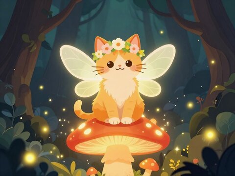 Cute fantasy cat fairy with wings sitting on a mushroom in magical forest, generative AI
