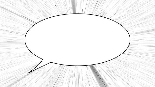 Blank manga dialogue bubble visual oval callout, sharp tail, black border, dynamic radial speed strokes. comic edits, social captions, story videos, tutorial scenes, chat graphics, motion overlays.