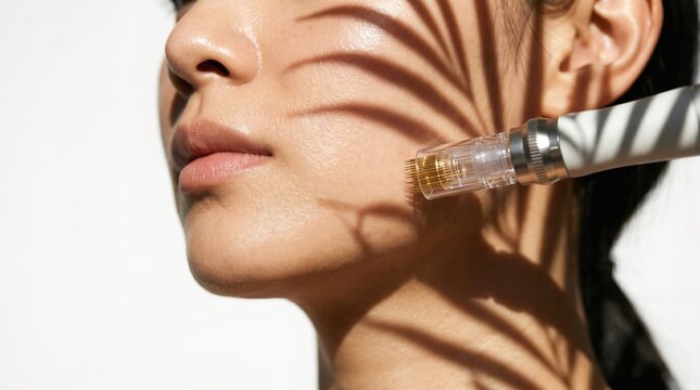 Microneedling derma pen treatment on woman face with aesthetic tropical palm leaf shadow.