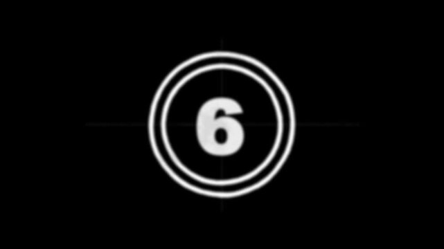 Classic countdown leader with white numbers on black background, professional motion graphics for video production and media broadcas