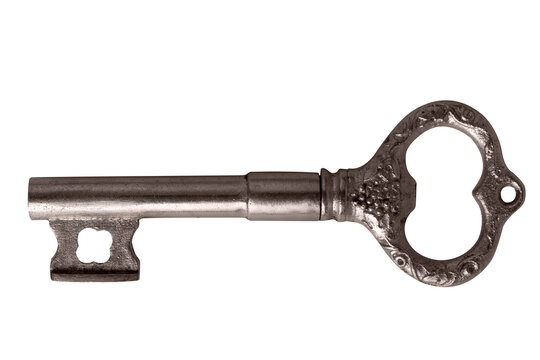 Old-fashioned silver skeleton key with ornate details, isolated on transparent background, ideal for concepts of security, access, and nostalgia.
