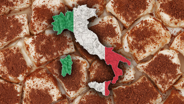 イタリア国旗テクスチャ地図シルエットとティラミススイーツ文化イラスト