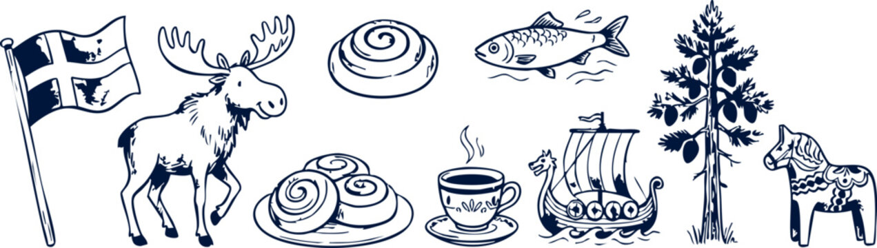 Set of hand drawn swedish culture icons featuring a moose cinnamon buns viking ship flag and horse isolated on white Vector