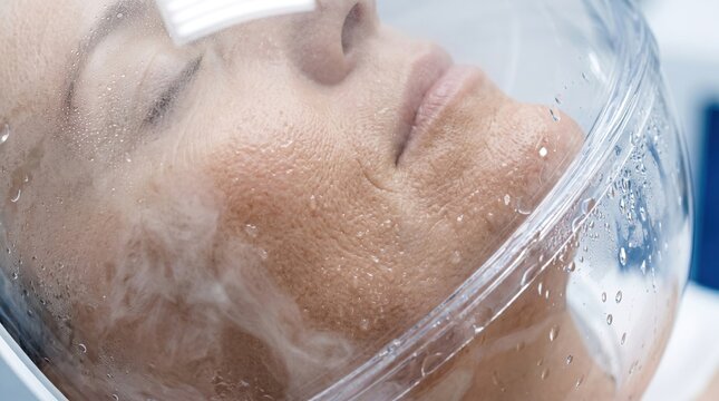 Mature woman receiving hyperbaric oxygen dome facial therapy in aesthetic wellness clinic.