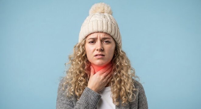 Young woman wearing knit hat touching sore throat with red glowing area on blue background.