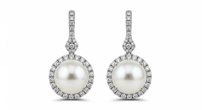 Pearl and diamond drop earrings with sparkling halo on white background, luxury jewelry