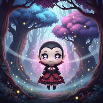 A cute chibi vampire girl in a red and black cloak stands suspended in a mystical forest illuminated by glowing fireflies and magical light beams