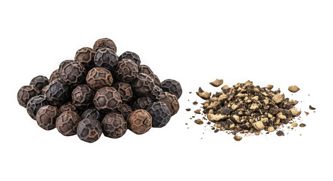 A pile of whole black peppercorns next to a heap of ground black pepper spice