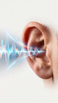 The close-up of a human ear with a visualized sound wave entering it represents the concept of hearing and audio reception. The glowing blue and orange wave suggests the process of sound perception.