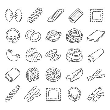 Outline illustrations of various pasta shapes in a grid pattern.