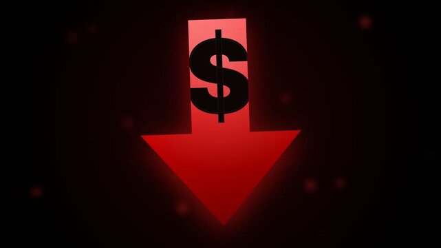 Economic Recession Concept with Red Downward Arrow and Dollar Icon on Black Background