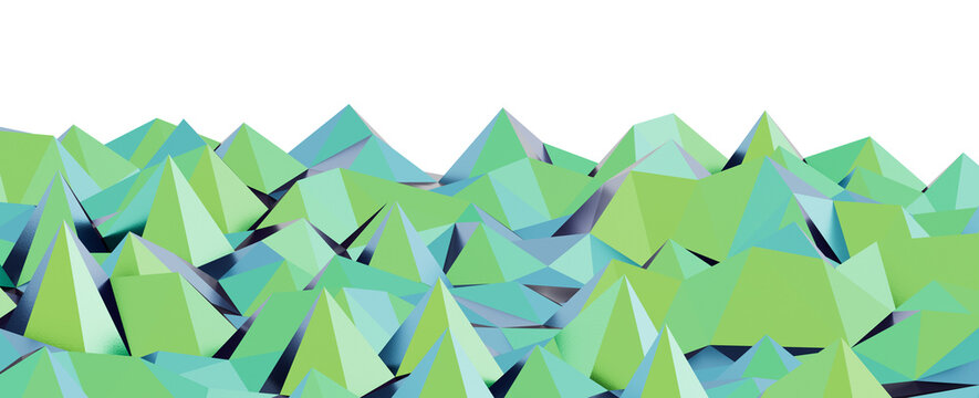Abstract geometric mountain peaks with green and blue polygons create a low poly landscape.