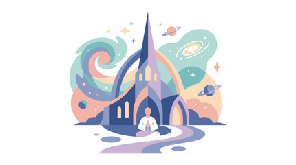 Fototapeta premium Cosmic Meditation: Person Meditating Before Futuristic Cathedral Amidst Galaxies and Nebulae