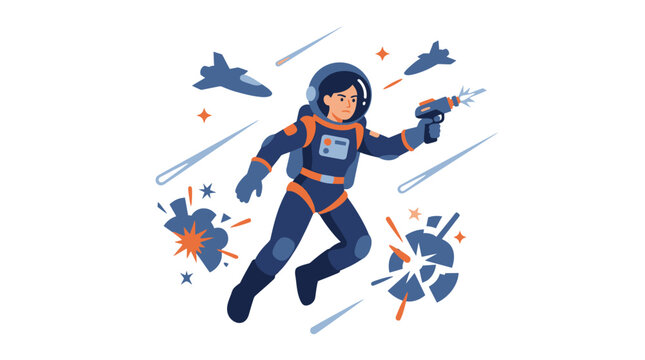 Astronaut Fights Space Invaders with Laser Gun, Sci-Fi Adventure, Retro Futuristic Style
