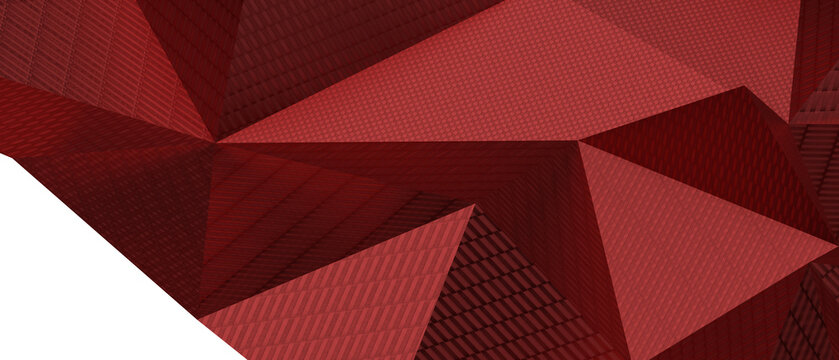 Close-up view of complex geometric shapes with textured red surfaces and shadows.