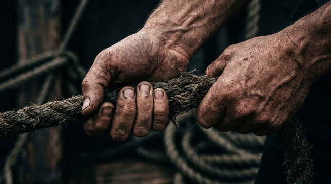 Close up of weathered hands pulling a thick rope during hard work