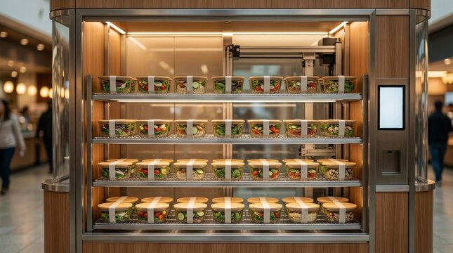 Automated vending machine display case with prepared meals in a shopping mall.