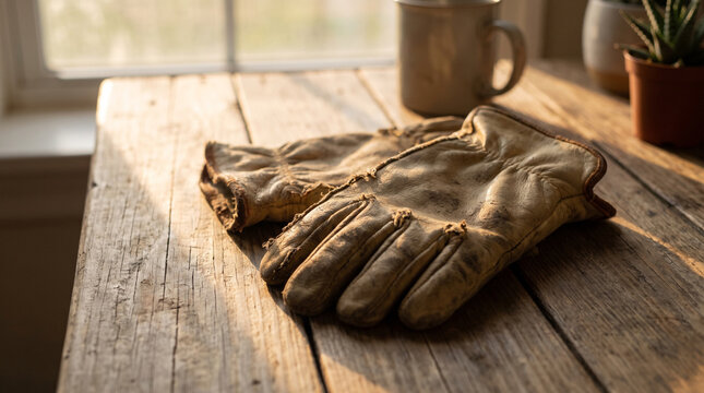 Worn leather work gloves resting on a rustic wooden table in sunlight