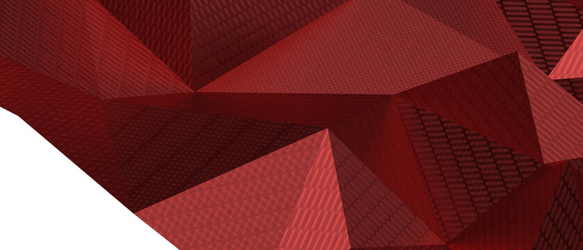 Close up abstract view of a red geometric pattern with textured facets and sharp angles.