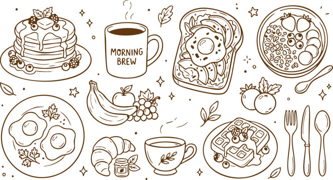 Hand drawn breakfast food set with pancakes coffee toast eggs fruit and waffles isolated on white background element Vector